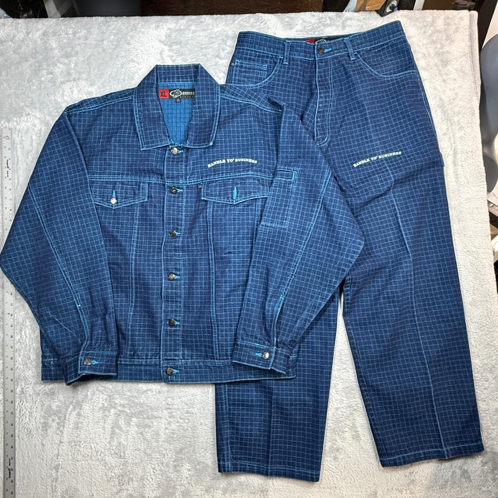 Vintage Barcode Jeans Denim Jacket Pants Set Mens XL 36 Blue Grid Hip Hop Y2K